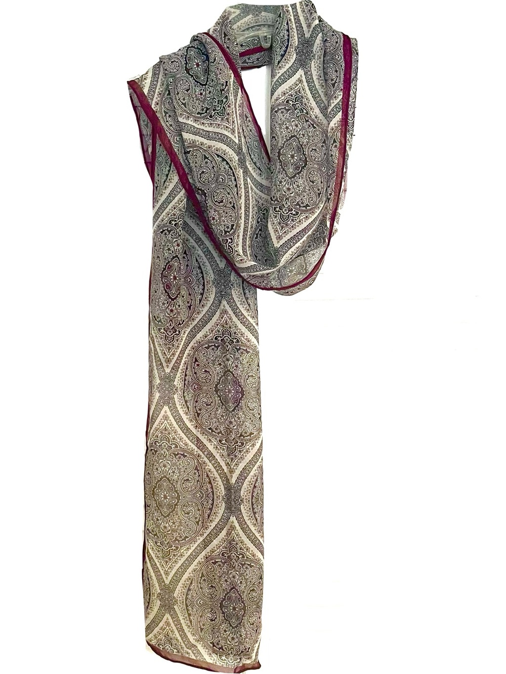 Semi Sheer Paisley Pattern Scarf in Cream, Black and Burgundy! - Picture 4 of 4